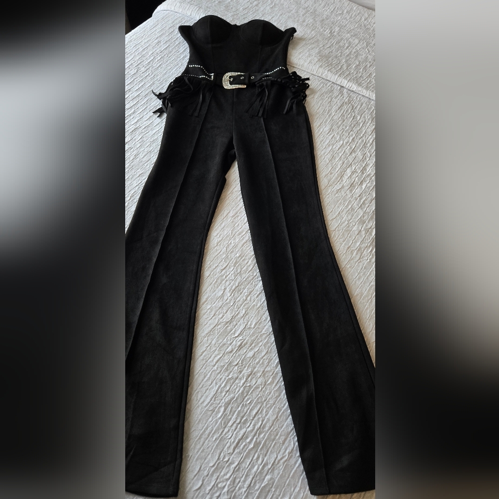 Black Suede Jumpsuit with Rhinestone Belt